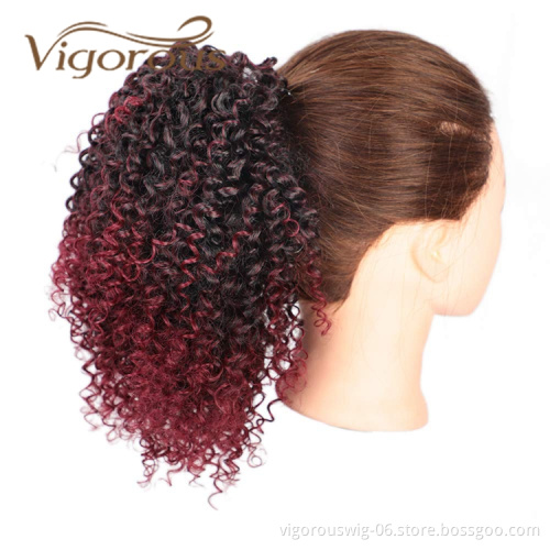 Vigorous Best Selling Ombre Burgundy Dark Root Kinky Curly Heat Resistant Fiber Drawstring Synthetic Ponytail Hair Extension